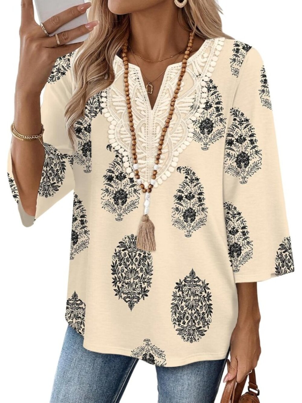 Women's Tops Apricot 3/4 Length Sleeve Boho V Neck Lace Casual Vacation Clothes